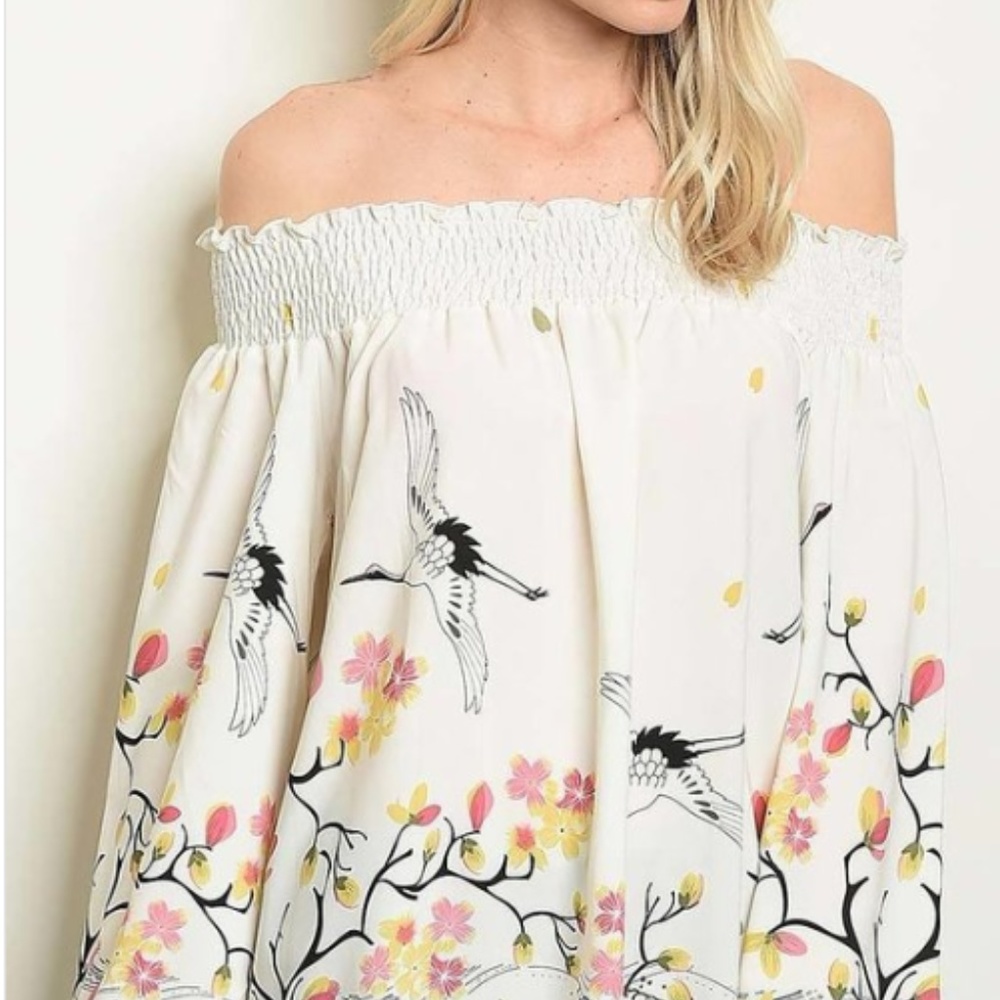 OFF SHOULDER FLORAL W/ BIRD PRINT TOP